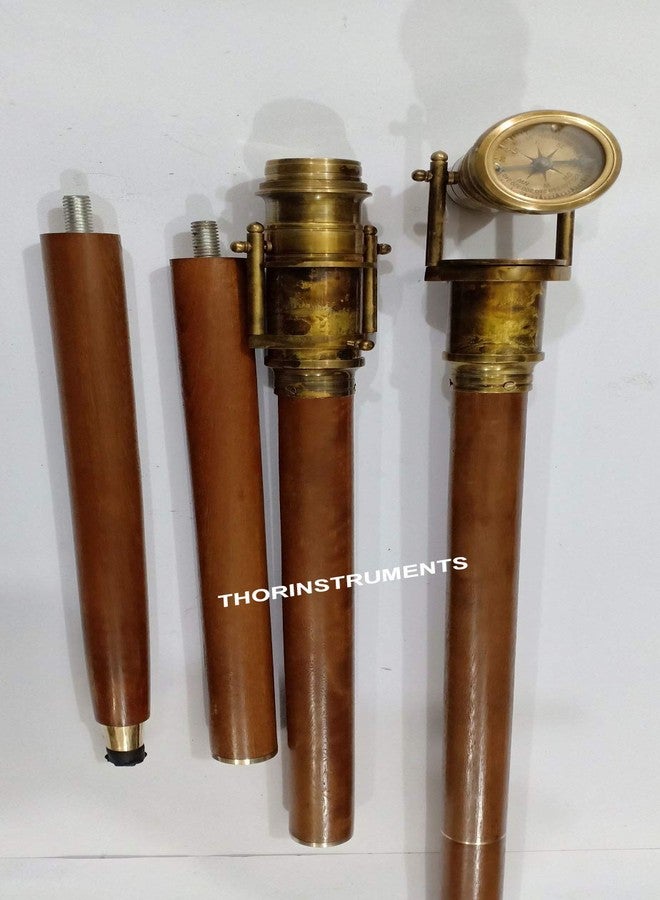 THOR INSTRUMENTS عصا مشي خشبية بنية اللون بنمط بحري، مزودة بمقبض تلسكوب وبوصلة عتيقة، تُضفي لمسة ريفية عتيقة على ديكور المنزل، وتُعدّ هدية مثالية. - Image 3